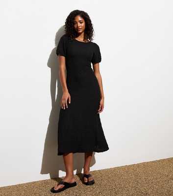Black Textured Low Back Midi Dress