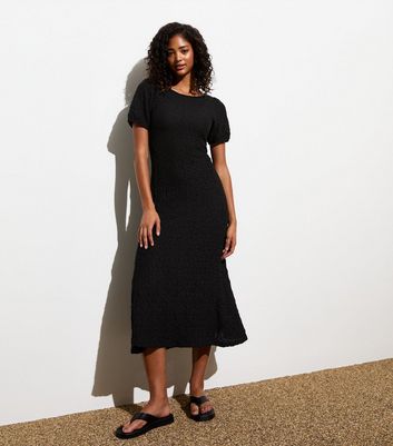 Black Textured Low Back Midi Dress New Look