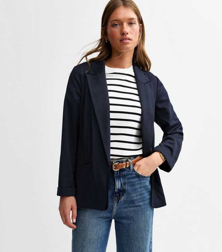 Navy Blue Ponte Open Front Chuck On Blazer