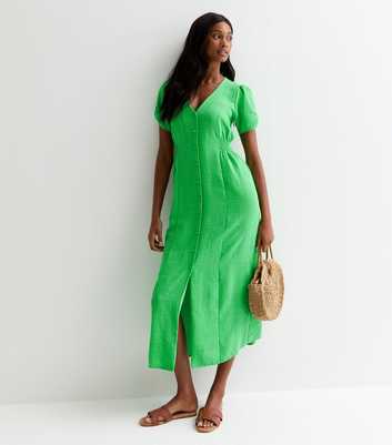 Green Button Front Short Sleeve Midi Dress