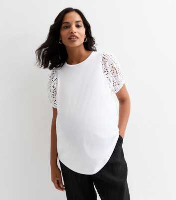 Maternity White Embroidered-Sleeve Cotton T-Shirt