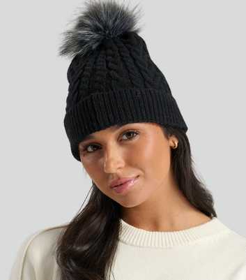 South Beach Black Cable Knit Pom Pom Beanie Hat