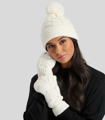 South Beach Cream Embellished Pom Pom Beanie Hat and Mittens