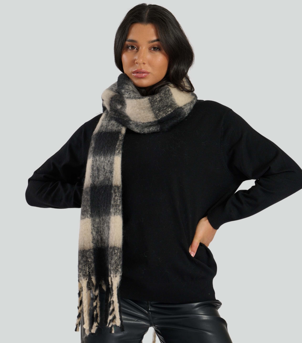 Black Checked Fluffy Scarf South Beach New Look