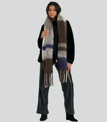 South Beach Brown Checked Fluffy Oversized Scarf New Look