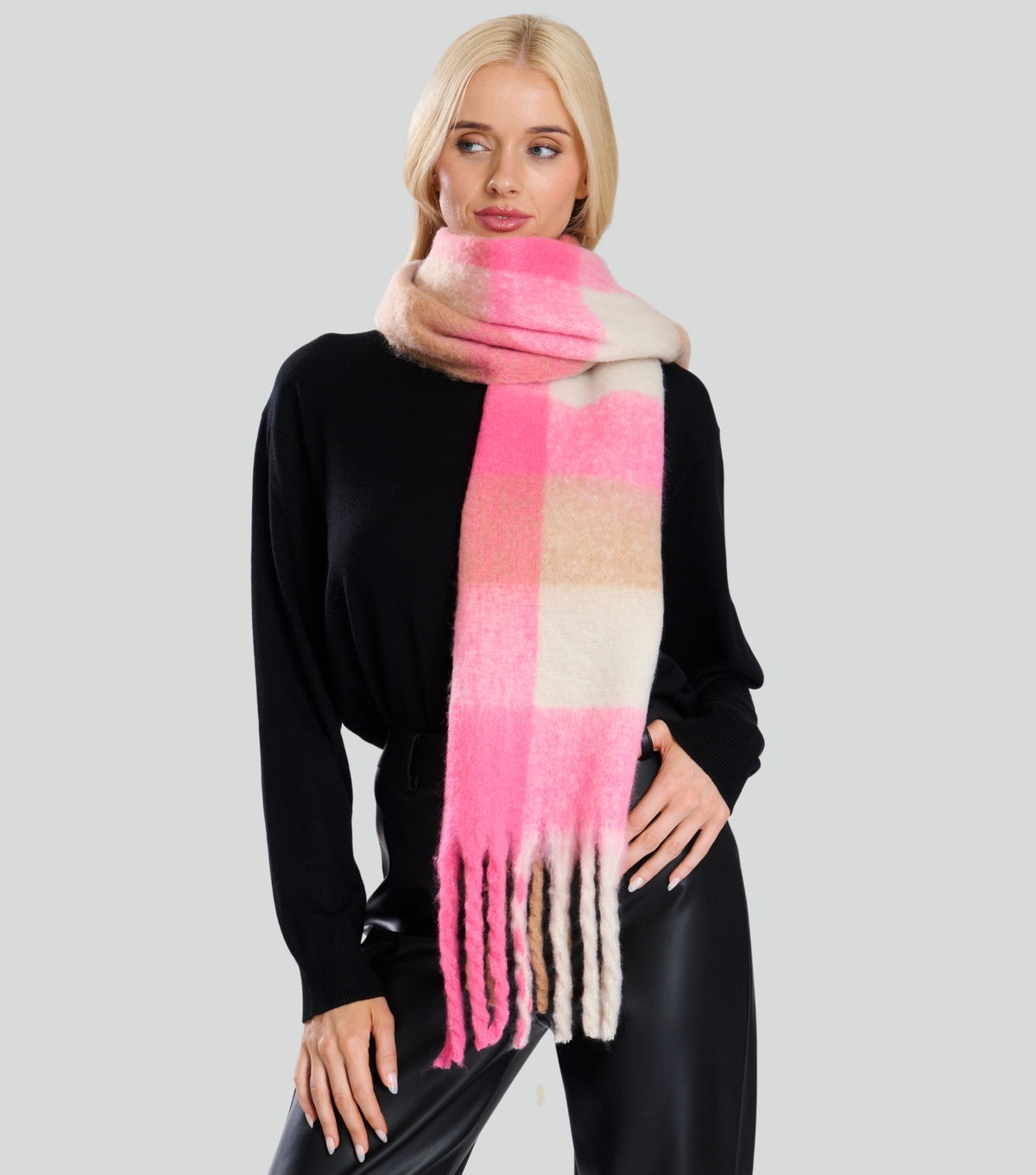 Pink Checked Fluffy Oversized Scarf South Beach New Look