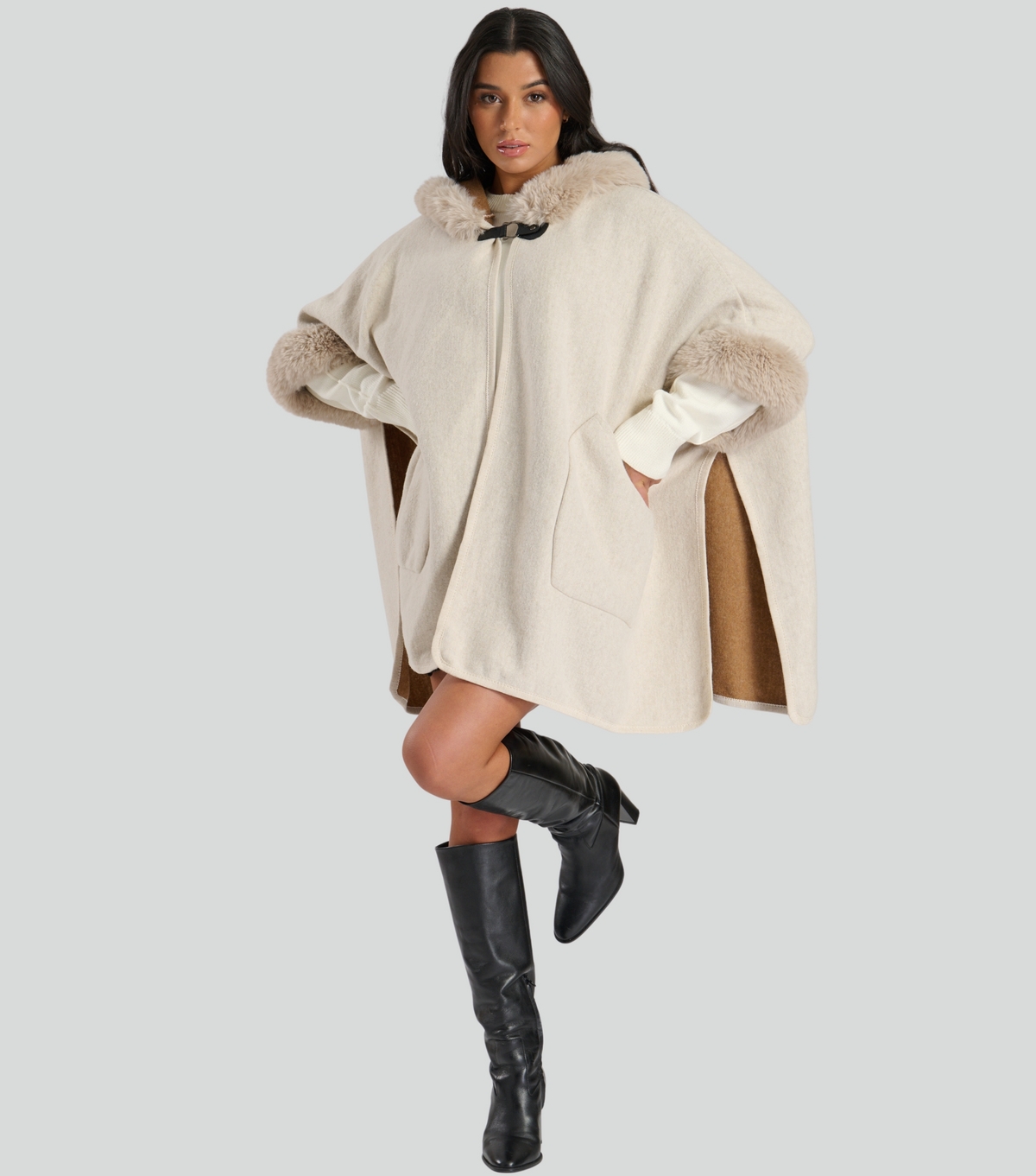 Cream Faux Fur Trim Poncho South Beach New Look