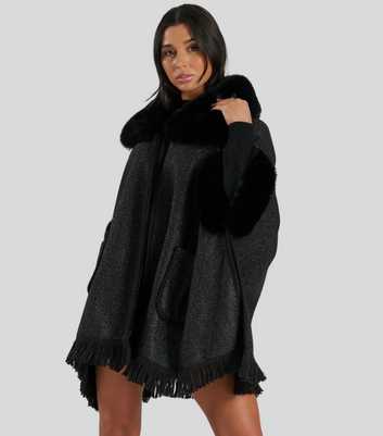 South Beach Black Faux Fur Poncho