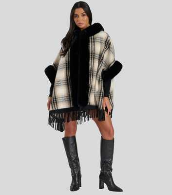 South Beach Black Checked Hooded Faux Fur Poncho