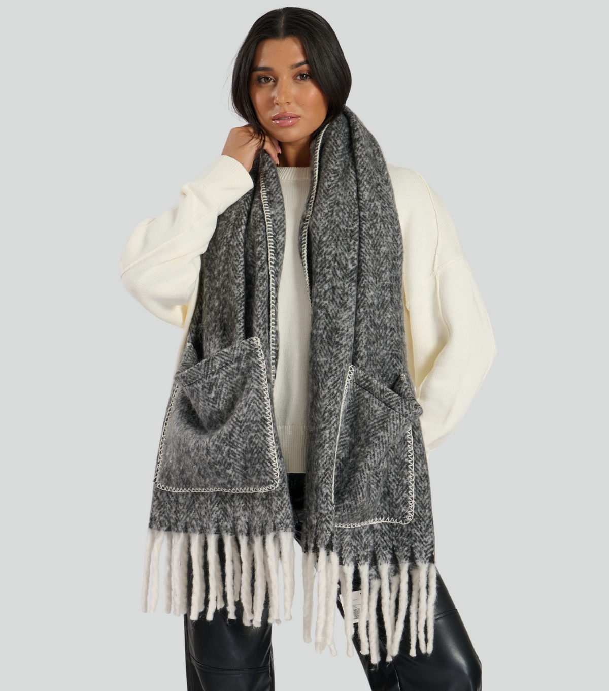 Grey Fluffy Pocket Scarf South Beach New Look