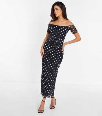 QUIZ Black Polka Dot Print Bardot Midi Dress