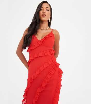 WKNDGIRL Red Frill Trim Maxi Dress