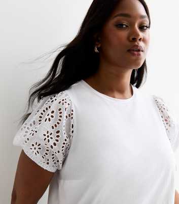 Curves White Embroidered Sleeve Cotton T-Shirt