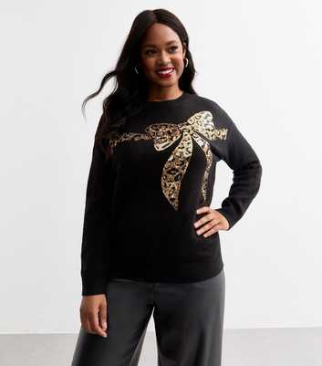 Curves Black Leopard Bow Jumper