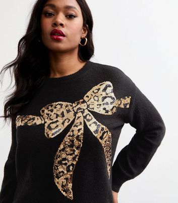 Curves Black Leopard Bow Jumper | New Look