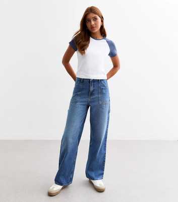 Girls Blue High Waist Wide Leg Pocket Jeans