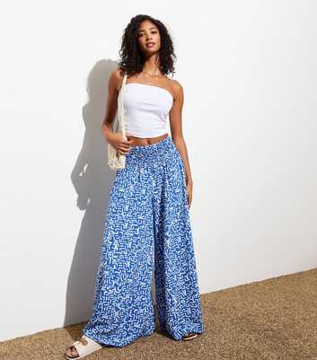 Blue Abstract Print Wide Leg Trousers