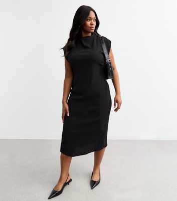 Curves Black Textured Funnel Neck Midi Dress