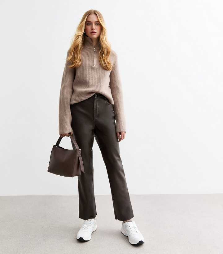 Brown Washed Effect Faux Leather Trousers
