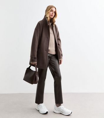 Brown Washed Effect Faux Leather Trousers New Look