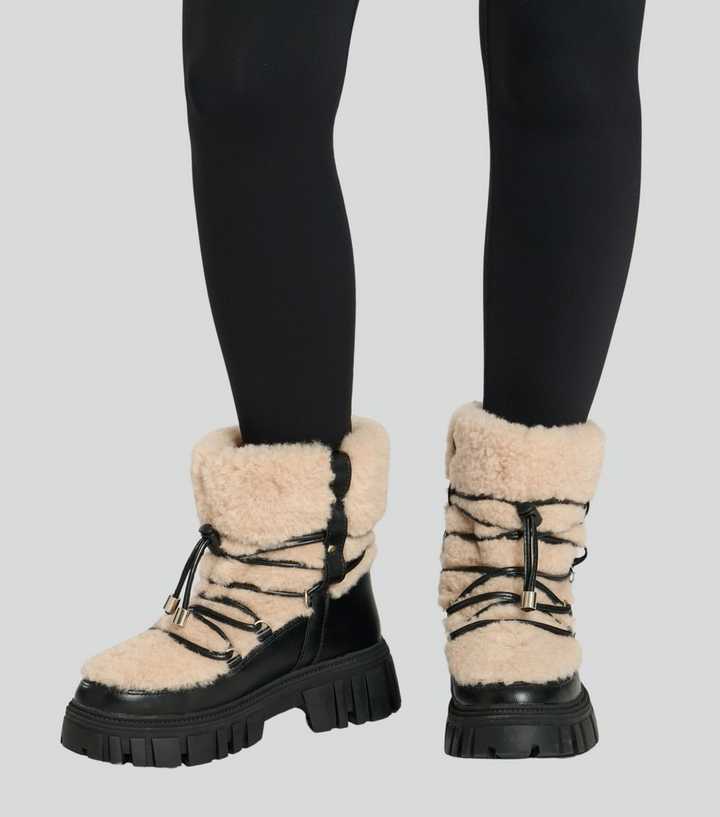 South Beach Black Faux Fur Chunky Lace Up Snow Boots - Main Image