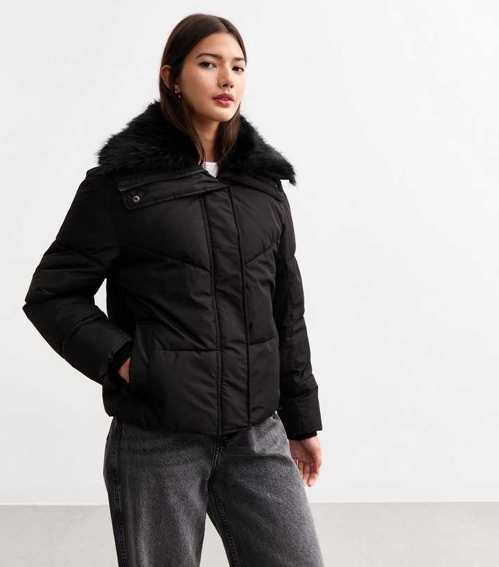 Fur Collar Black Puffer Coat Womens With Fur Hood Black