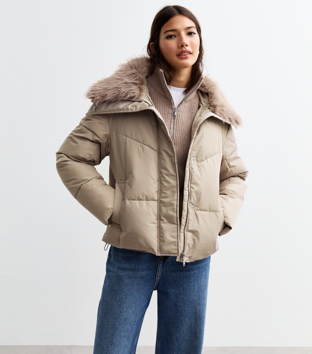 Women's Mink Detachable Faux Fur Collar Padded Jacket New Look