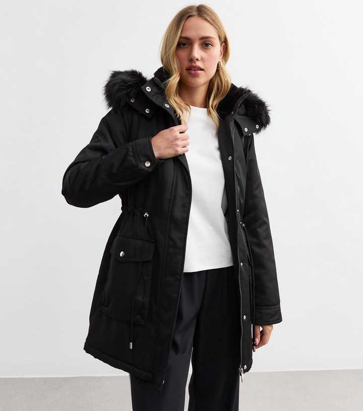 Fur New Look Womens Puffer Jacket Black Faux Fur Trim Shell Parka