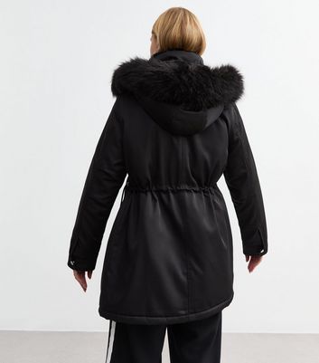 Black Faux Fur Trim Shell Parka New Look