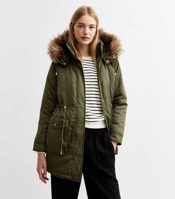 Khaki Faux Fur Trim Shell Parka