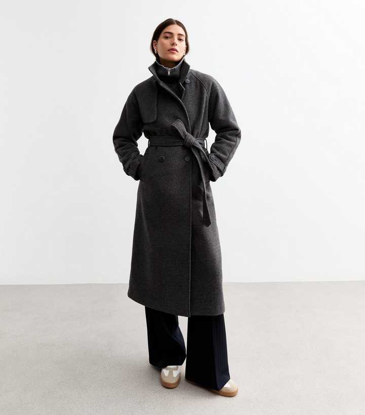 Grey Tie Waist Funnel Neck Coat