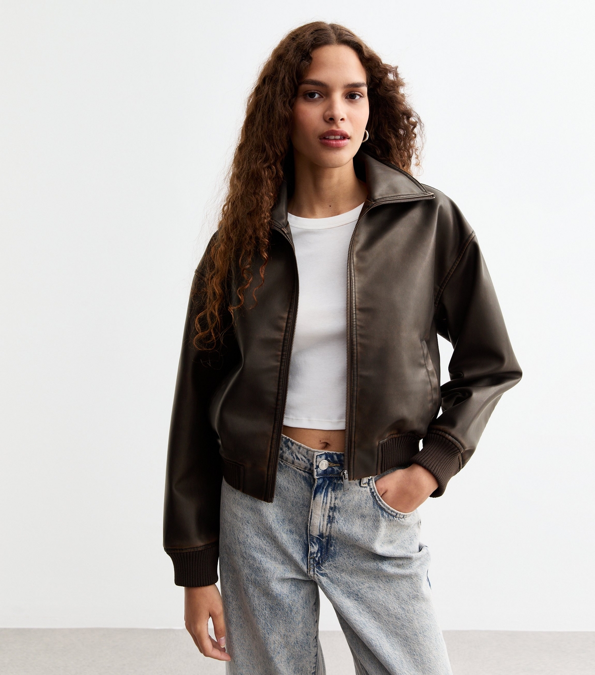 Women's Dark Brown Faux Leather Bomber Jacket New Look
