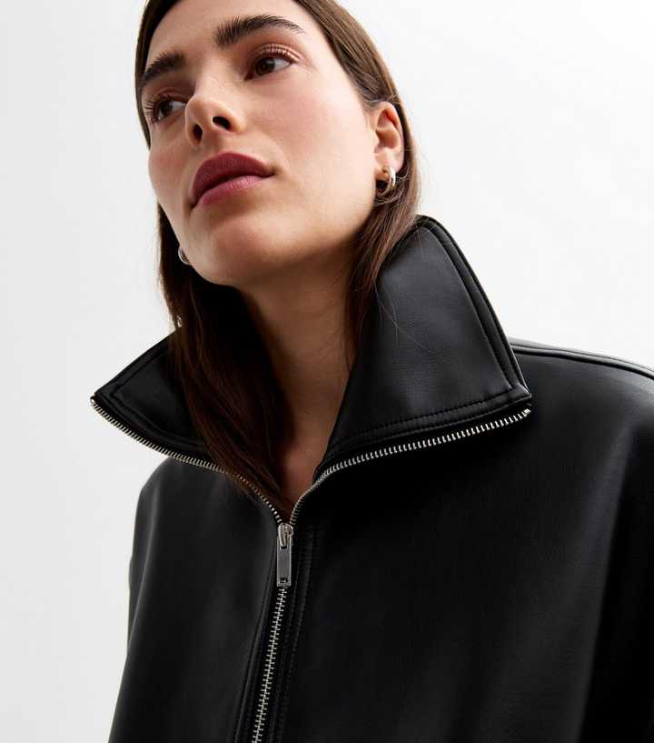 Black Leather Look Bomber Jacket