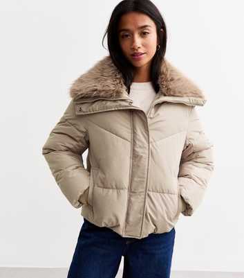 Petite Mink Faux Fur Trim Puffer Jacket