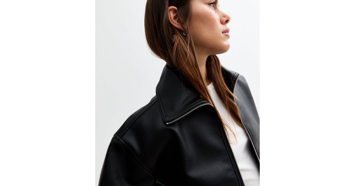 Petite Black Faux Leather Bomber Jacket New Look