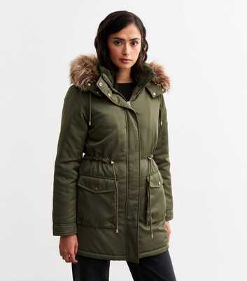 Tall Khaki Faux Fur Trimmed Parka Jacket