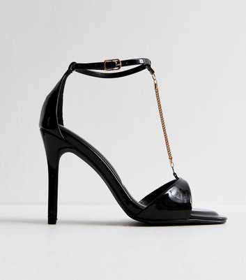 Black Chain Strap Patent Open Toe Court Shoes