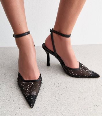 Black Stud Embellished Mesh Court Shoes New Look