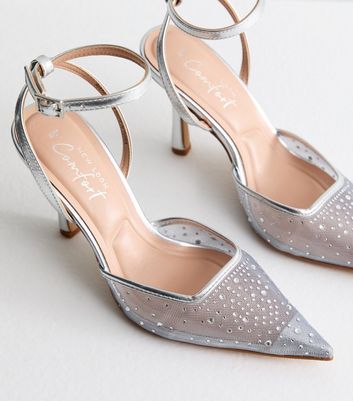 Silver Diamanté Embellished Mesh Open Court Shoes