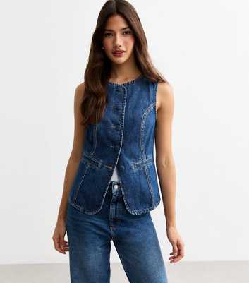 Blue Curved Hem Denim Waistcoat