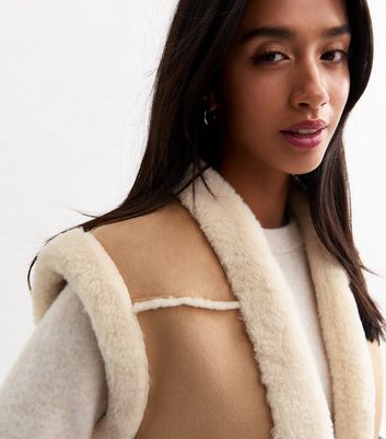 Petite Camel Faux Suede Fur Trimmed Gilet