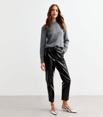 Black Vinyl Coated Raw Hem Straight Leg Trousers | New Look
