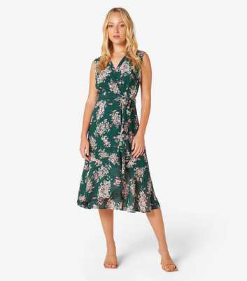 Apricot Green Floral-Print Midi Wrap Dress