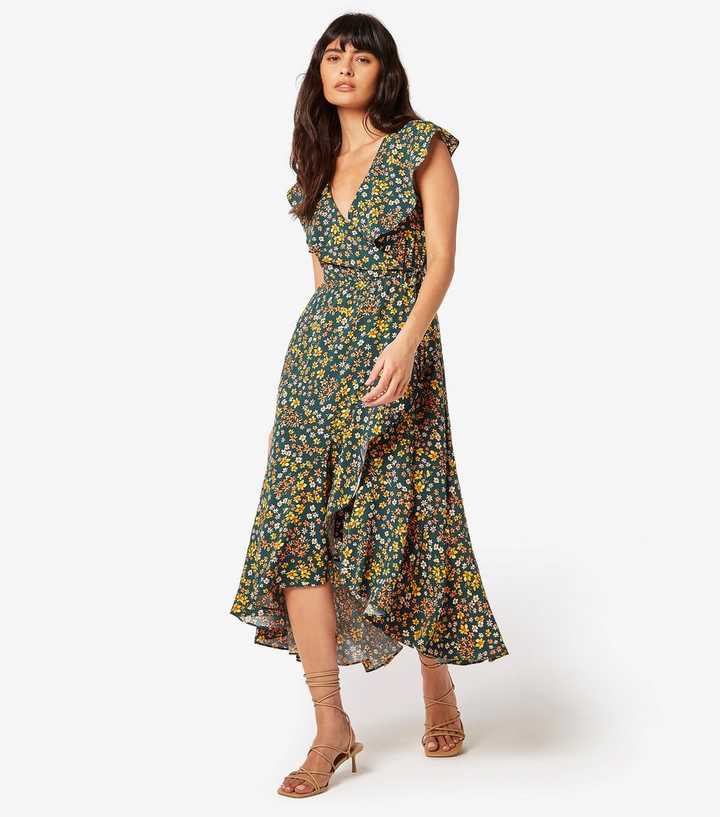 Apricot Navy Ruffle Wrap Dress Apricot Green Ditsy-Floral Wrap Dress