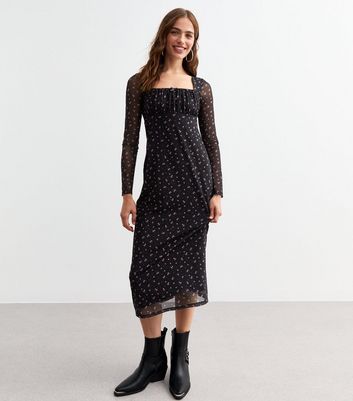 Black Ditsy Print Long Sleeve Mesh Dress New Look