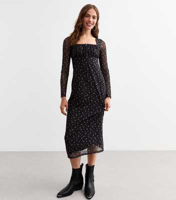 Black Ditsy Print Long Sleeve Mesh Dress