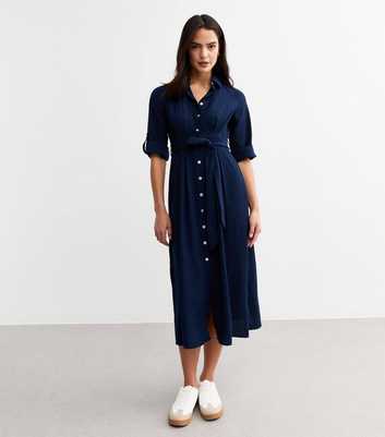 Navy Tie Waist Midi Shirt Dress