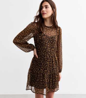 Brown Leopard Print Chiffon Long Sleeve Mini Dress