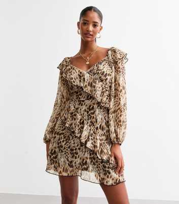 Brown Animal Print Ruffled Mini Dress