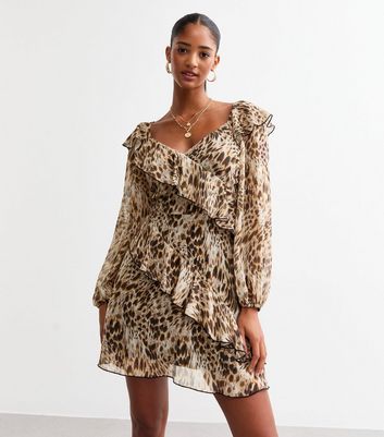 Brown Animal Print Ruffled Mini Dress New Look